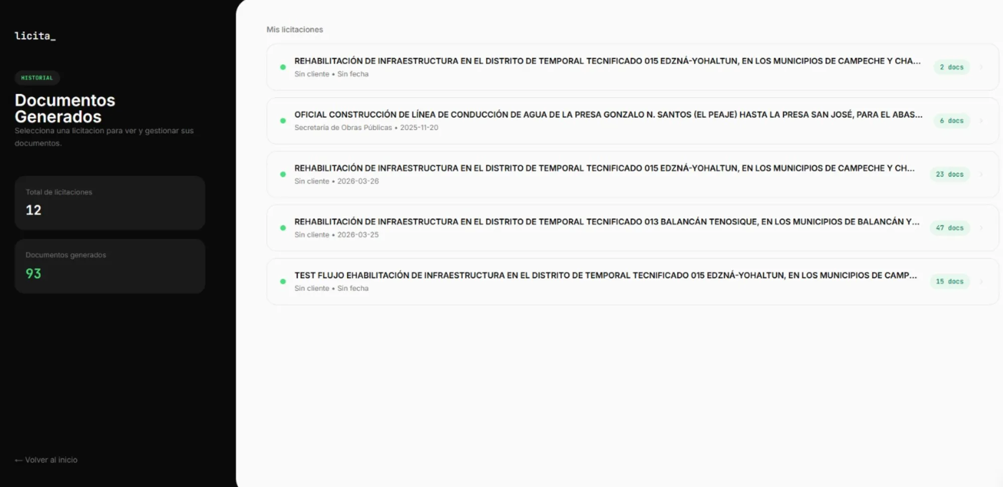 Licite - Generador inteligente de licitaciones mostrando documentos generados automáticamente